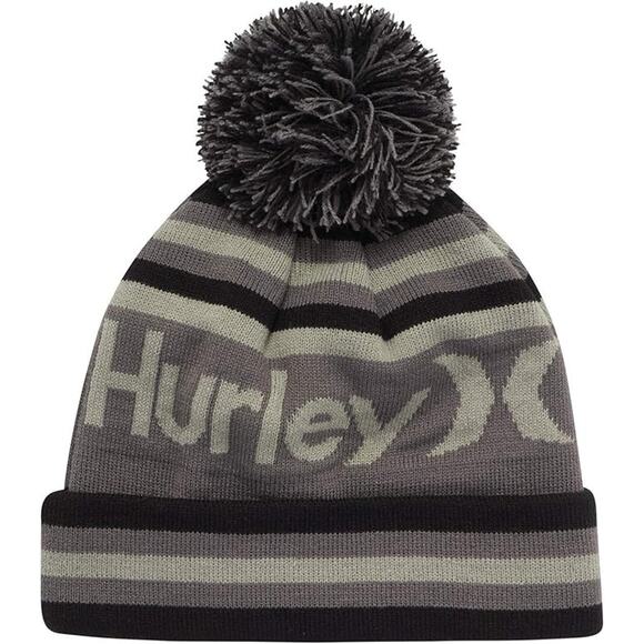 Hurley Ragland Black Gray Pom Beanie Knit Winter Hat Cuffed Acrylic One Size New - Picture 2 of 14
